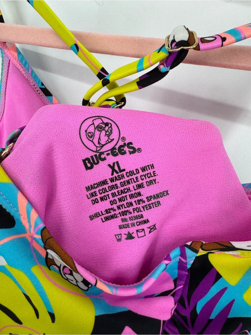BUC-EE'S Women's Tropical Beaver One-Piece Swimsuit – Pink Blue & Yellow Size XL